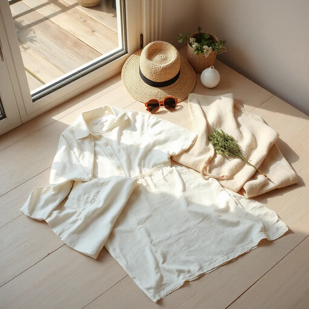 Neatly arranged breathable summer clothing items on a sunlit wooden surface with a hat and sunglasses
