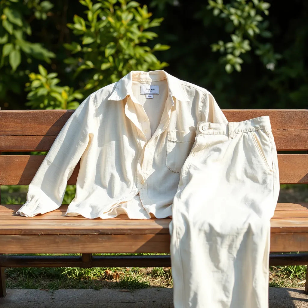 Sunlit linen shirt, dress, and relaxed trousers arranged on a wooden bench with visible breathable fabric texture