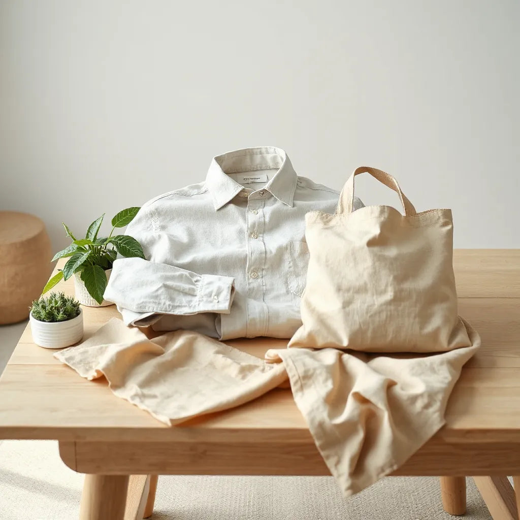 Folded neutral clothing and a reusable tote on a wooden table with a small plant in soft daylight