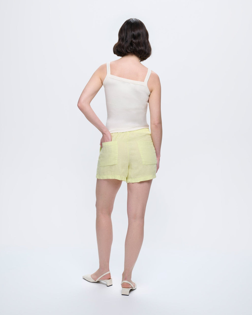 Womens Linen Wrap Shorts—Soft Lime