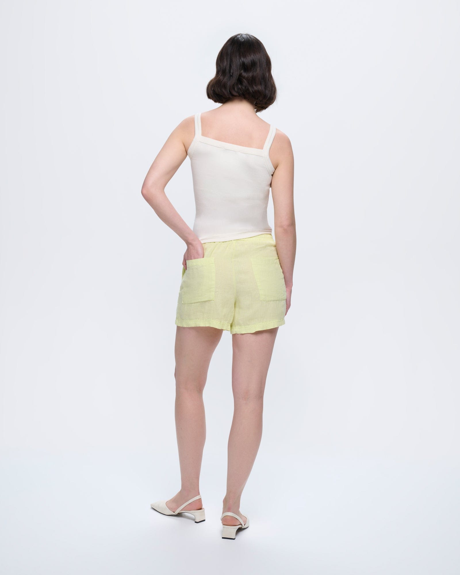 Womens Linen Wrap Shorts—Soft Lime